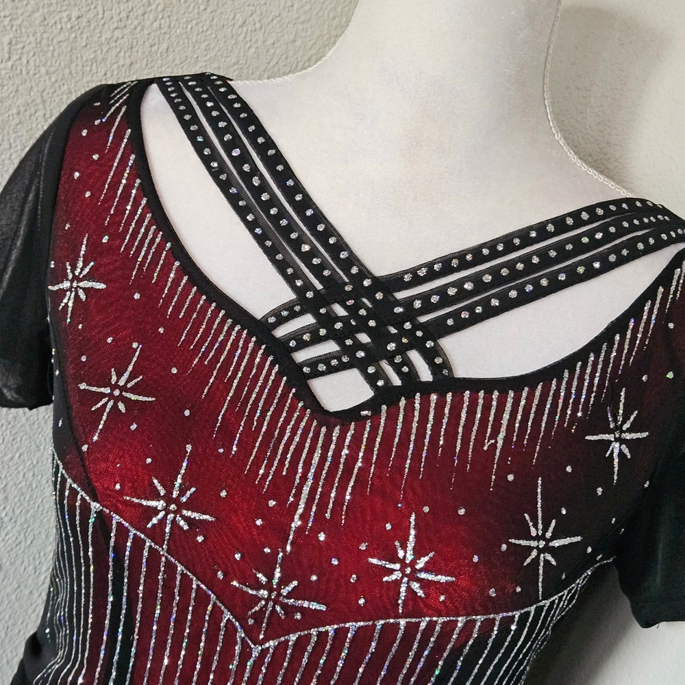 Vintage Red Silk Black Mesh Overlay Glitter Starburst Cocktail Dress - Picture 4 of 9